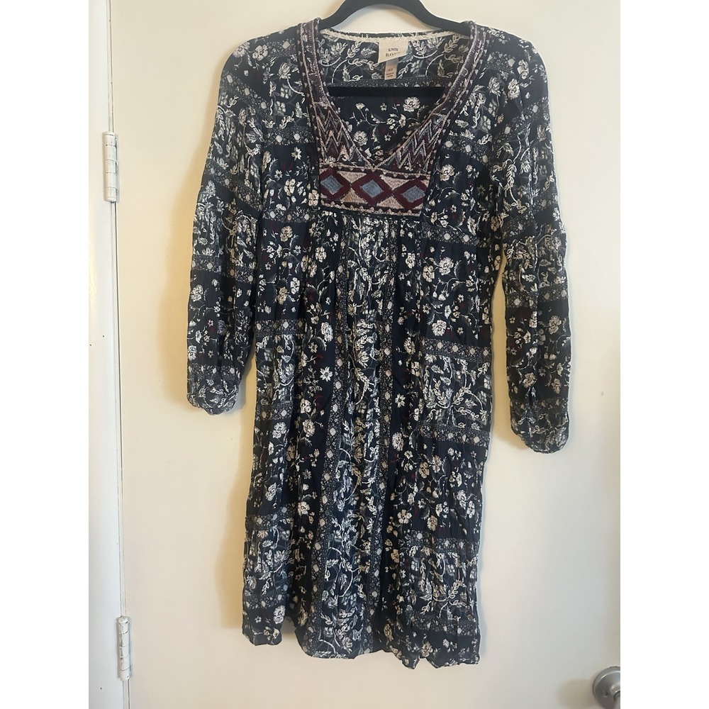 Boho Floral Peasant Long Sleeve Dress Embroidered Blue XS Festival Knox Rose